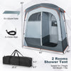Oversize gray shower tent with two rooms, removable rain fly, and inner pocket, ideal for outdoor privacy and.