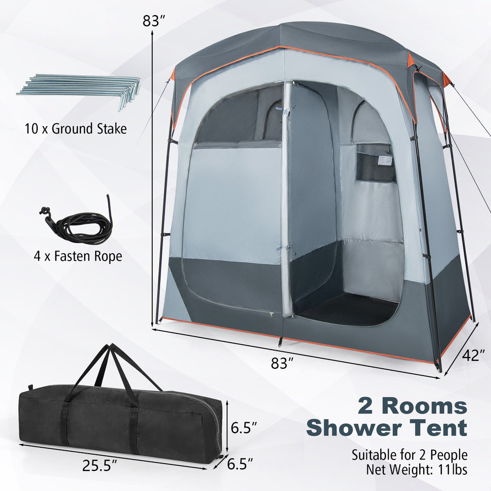 Oversize gray shower tent with two rooms, removable rain fly, and inner pocket, ideal for outdoor privacy and.