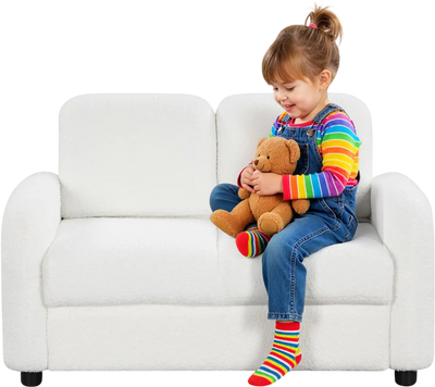 Costway 2-Seat Kids Sofa Toddler Couch Teddy Fleece Wooden Frame 84626414 New