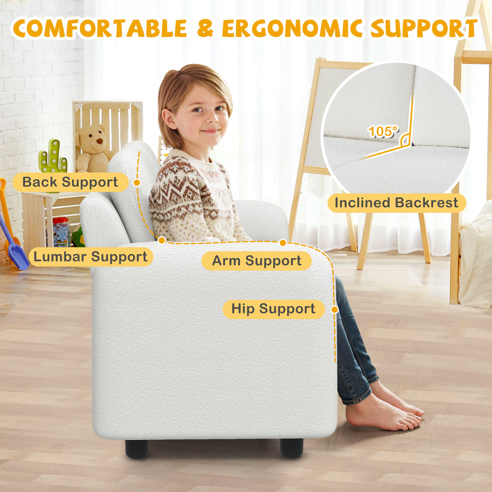 Kids sofa with soft teddy fleece upholstery, ergonomic backrest, and lumbar support, perfect for playroom or bedroom.
