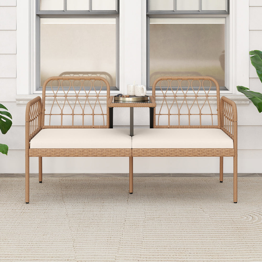 2-seat PE rattan outdoor loveseat with built-in coffee table and soft white cushions, perfect for patios and backyards.