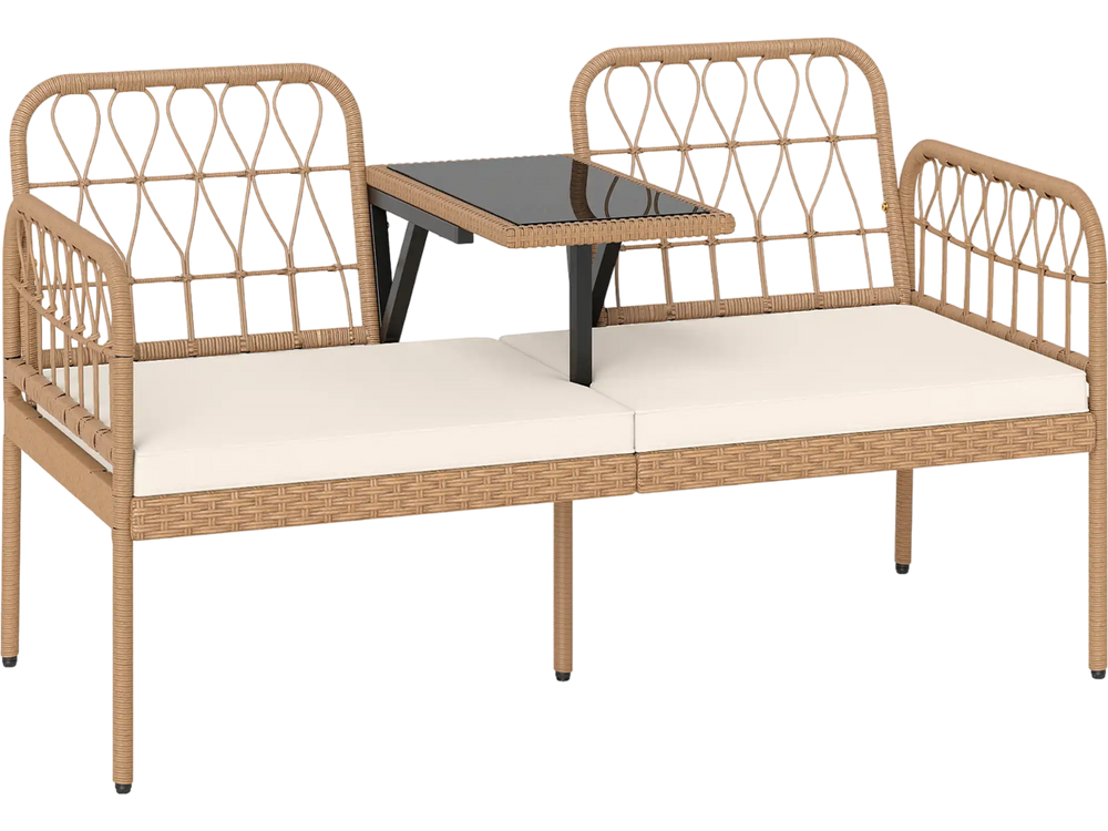 Side view of the 2-seat PE rattan outdoor loveseat featuring a built-in coffee table and soft cushions, ideal for.
