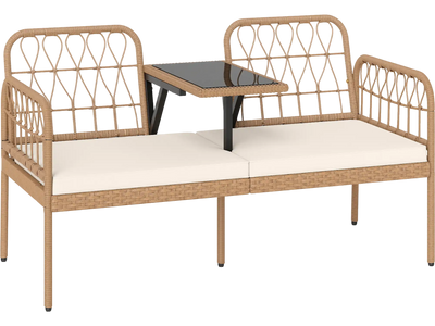 Costway 2-Seat PE Rattan Outdoor Loveseat Bench w/ Built-In Coffee Table & Cushions 37745003 New