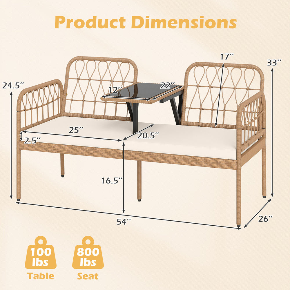 2-seat PE rattan outdoor loveseat with built-in coffee table, soft cushions, and dimensions for patio relaxation.