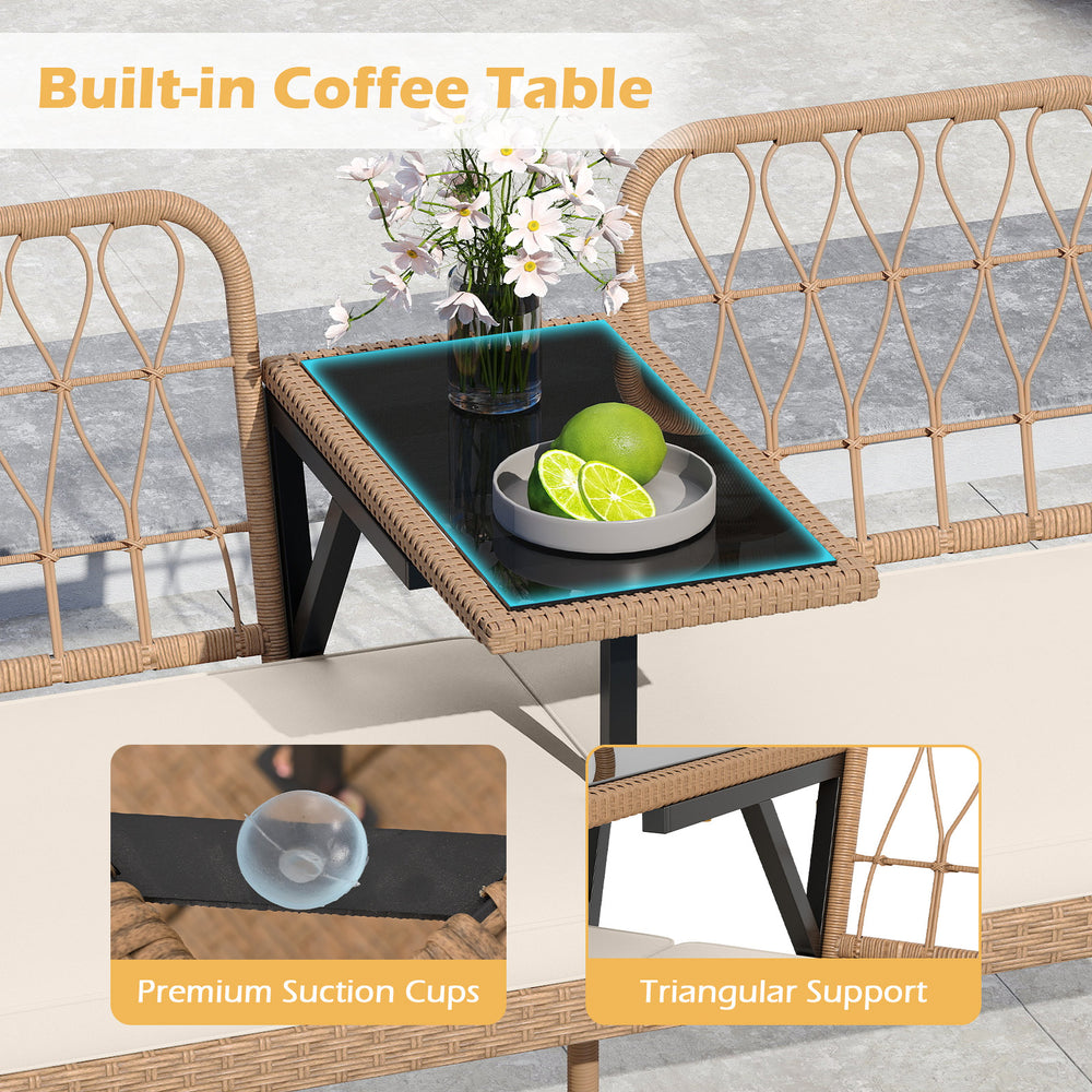 Built-in coffee table with premium suction cups on a 2-seat PE rattan loveseat, perfect for outdoor patios and.