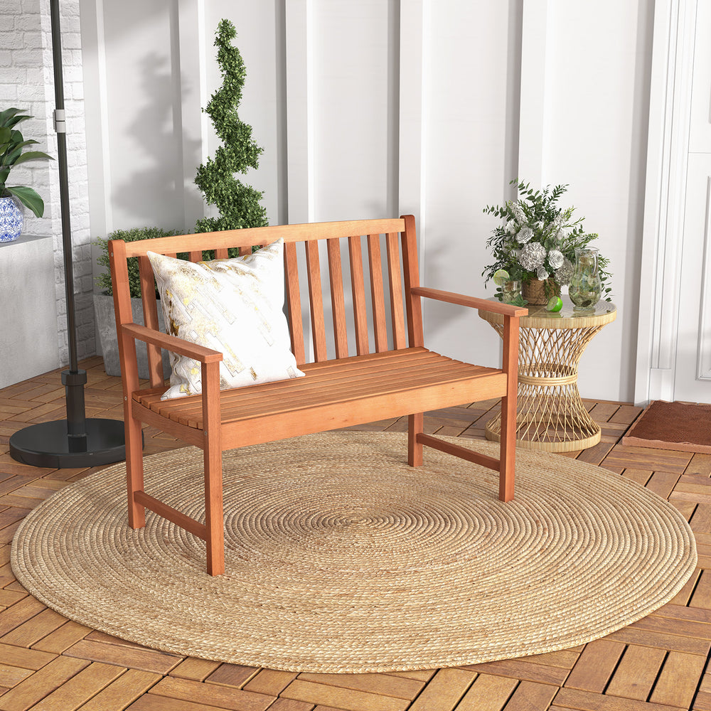 2-seat patio wood bench made of premium eucalyptus with cozy armrests, perfect for garden or poolside relaxation.