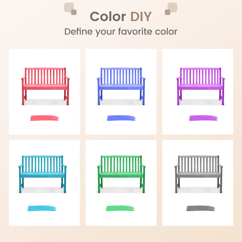2-seat patio wood bench with cozy armrests, shown in various colors, ideal for garden or backyard relaxation.