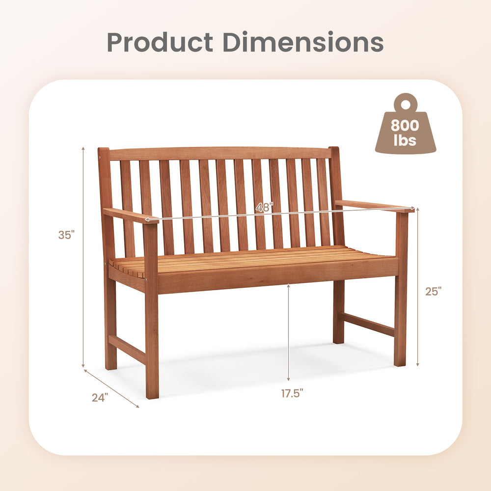2-seat patio wood bench dimensions showing cozy armrests, slatted seat, and durable eucalyptus wood for outdoor use.