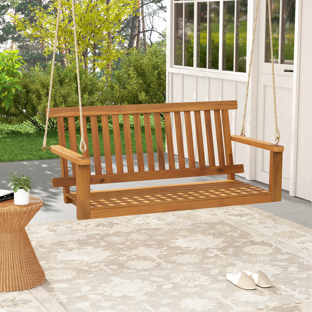 Acacia wood 2-seat porch swing bench with hanging ropes, ideal for outdoor relaxation in balcony or garden.