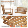 2-seat acacia wood porch swing bench with inclined backrest and slatted seat, ideal for outdoor relaxation.