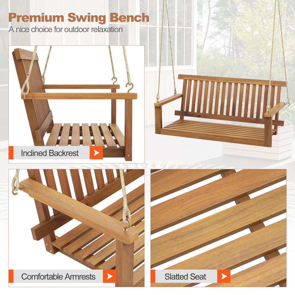 2-seat acacia wood porch swing bench with inclined backrest and slatted seat, ideal for outdoor relaxation.