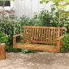 Acacia wood 2-seat porch swing bench with slatted seat and hanging ropes, ideal for backyard or garden relaxation.