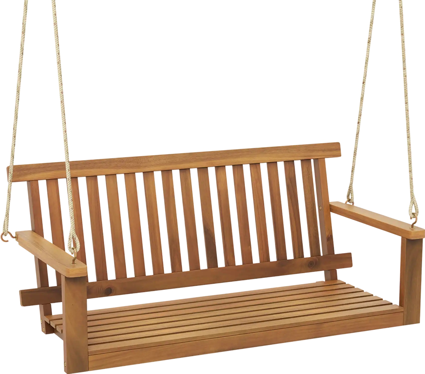 Costway 2-Seat Acacia Wood Porch Swing Bench w/ 2 Hanging Hemp Ropes 79452813 New