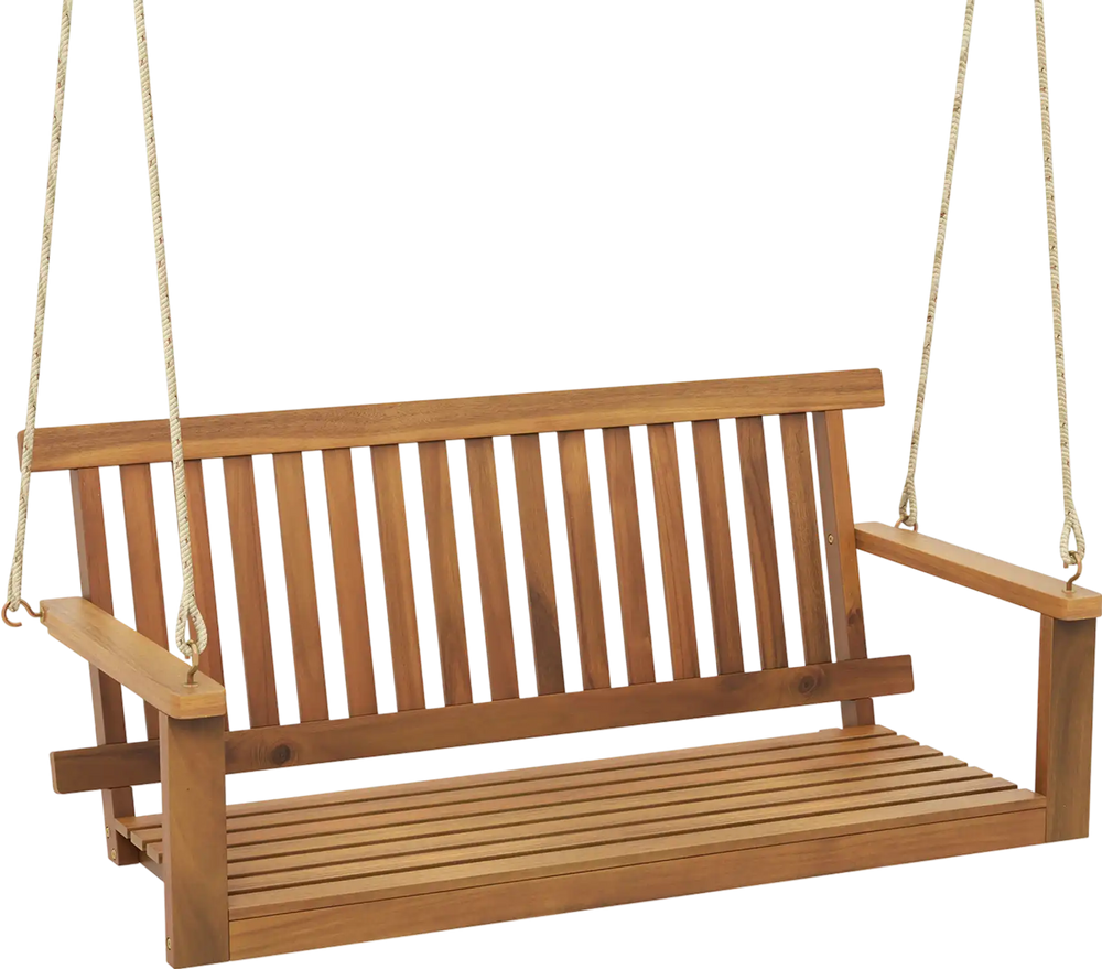 2-Seat Acacia Wood Porch Swing Bench with 2 Hanging Hemp Ropes