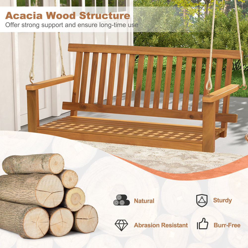 2-seat acacia wood porch swing bench with wide slatted seat and comfortable backrest, perfect for outdoor relaxation.