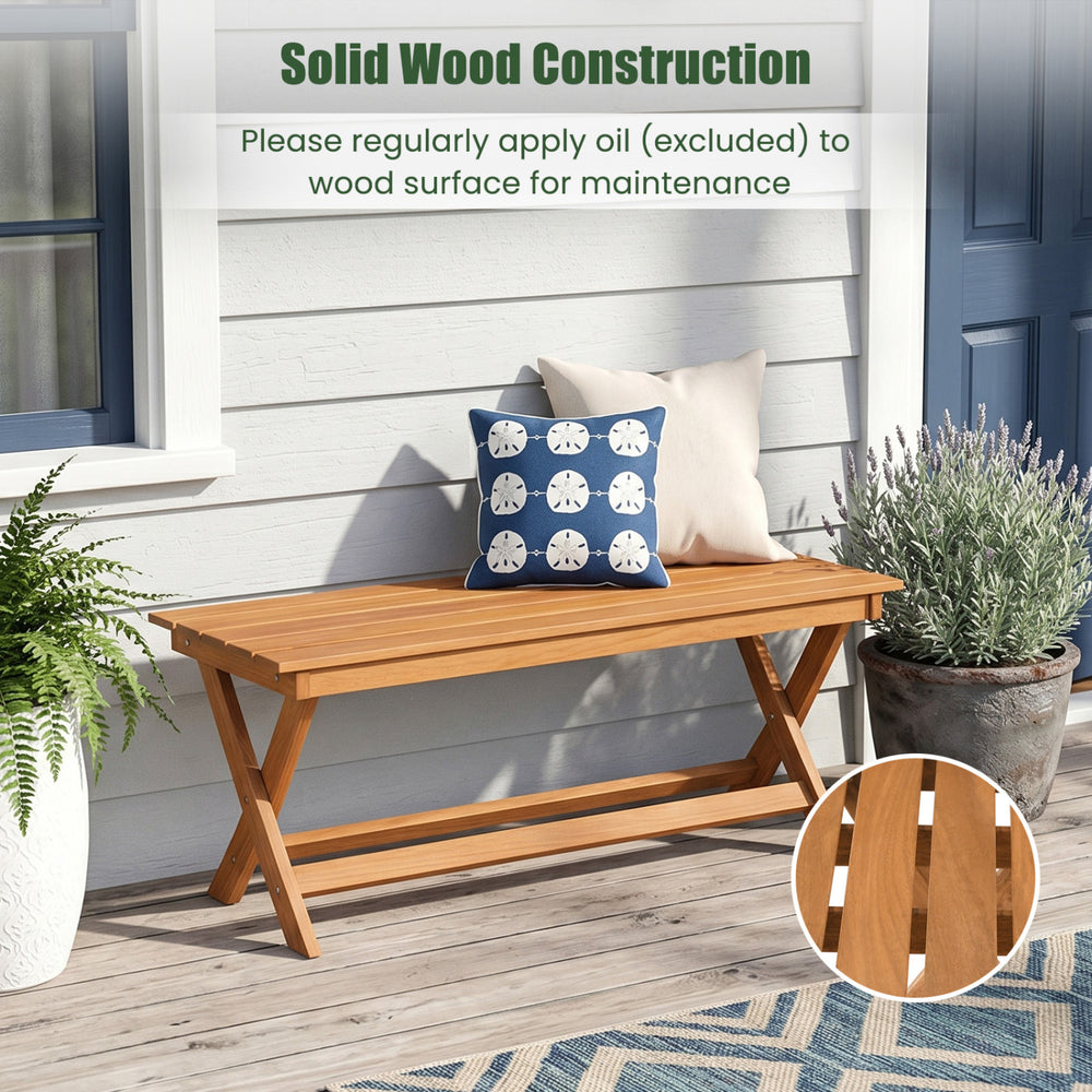 2-seat wooden garden patio bench with X-shaped legs, featuring solid wood construction for outdoor use.
