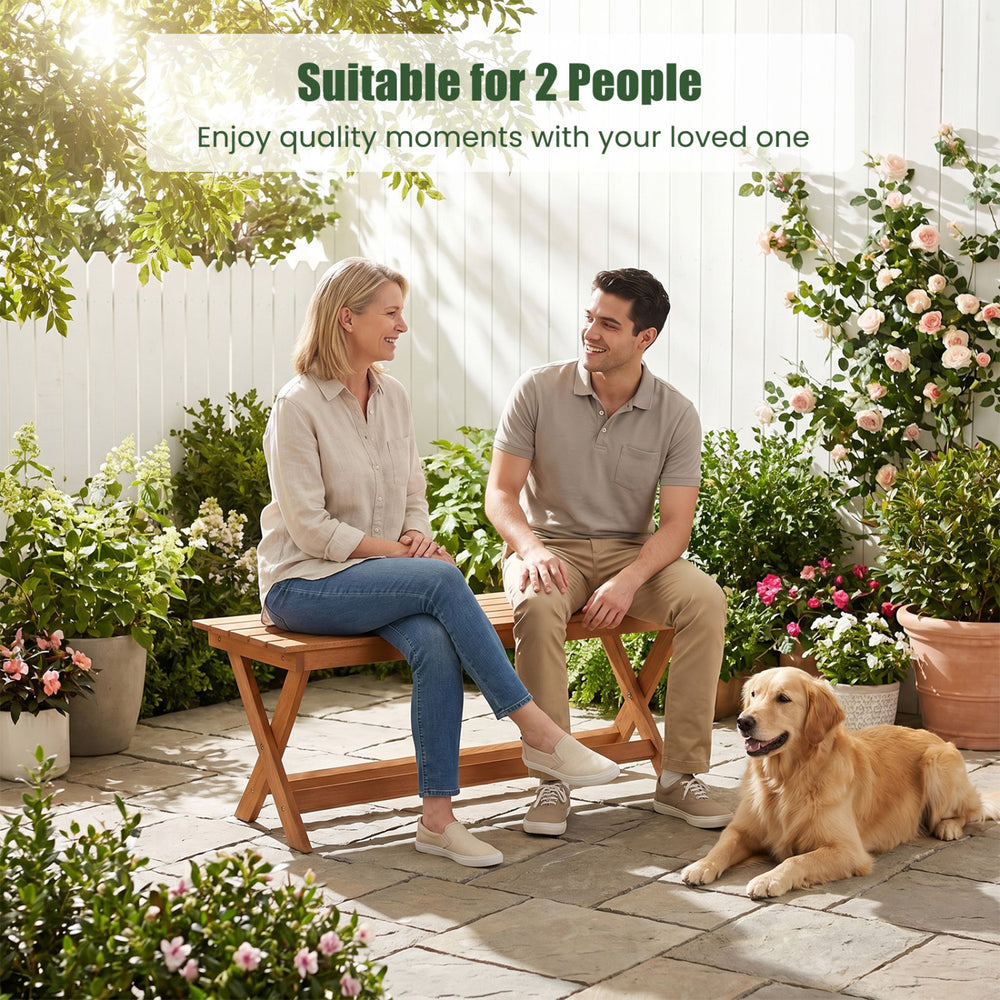 2-seat wooden garden patio bench with X-shaped legs, perfect for enjoying moments outdoors with loved ones.