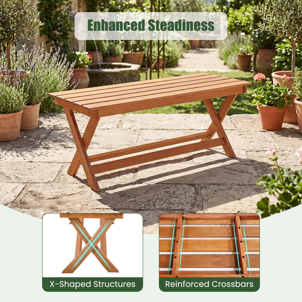 2-seat wooden garden patio bench with X-shaped legs and reinforced crossbars, perfect for outdoor seating.