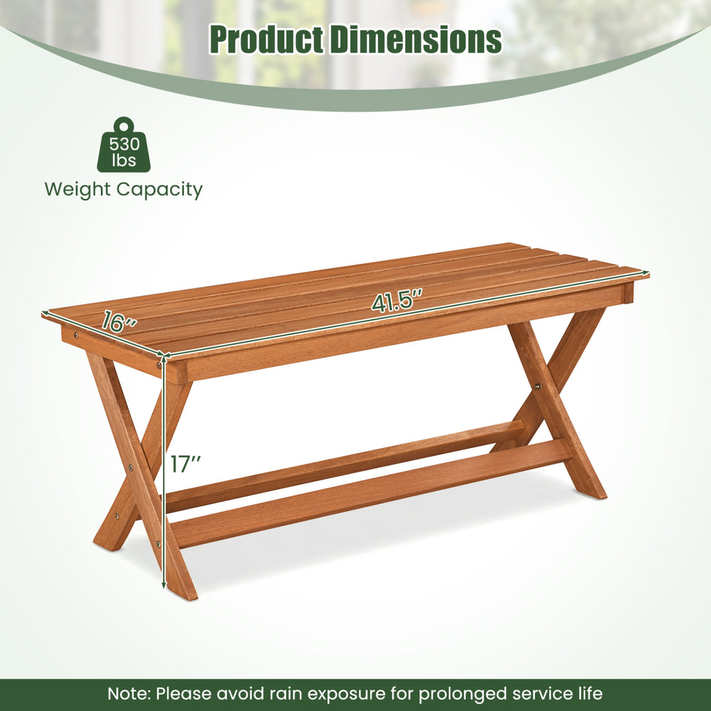2-seat wooden garden patio bench with X-shaped legs, dimensions 41.5" x 16" x 17", weight capacity 530 lbs.