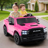 Two kids enjoying a pink 2-seater 24V licensed Ram truck ride-on toy with remote control and music features.