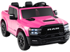 Pink 2-seater licensed Ram truck ride-on toy with remote control, LED lights, and spacious rear storage for kids.