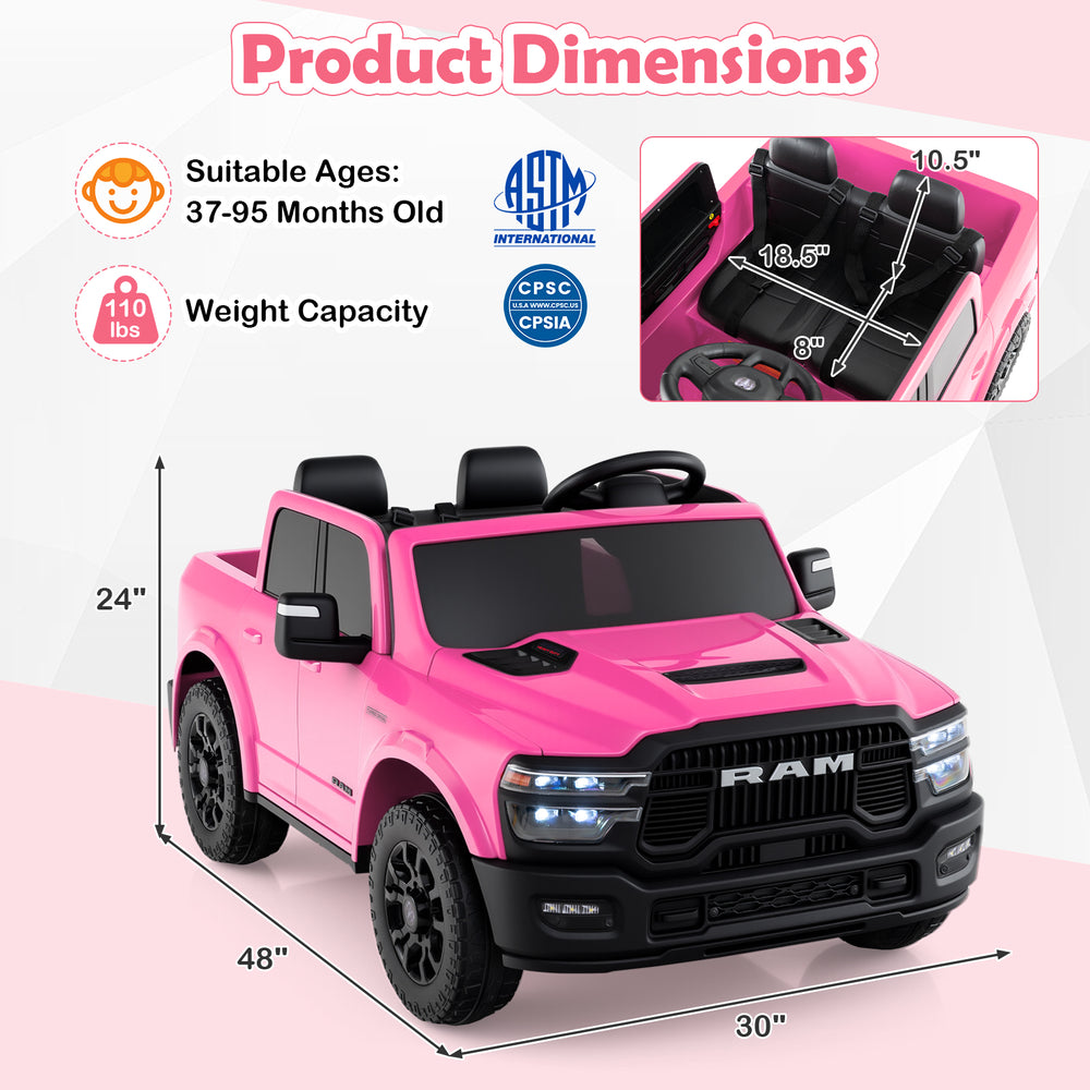 Pink 2-seater 24V ride-on Ram truck with dimensions, remote control, and safety features for big kids aged 3-7.