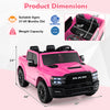 Pink 2-seater 24V ride-on Ram truck with dimensions, remote control, and safety features for big kids aged 3-7.