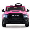 Pink licensed Ram truck ride-on toy for big kids, featuring LED lights, remote control, and spacious 2-seater design.