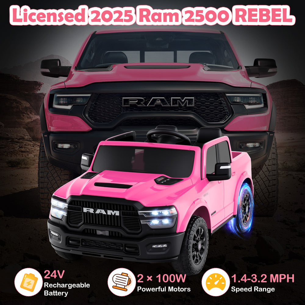 Pink 2-seater licensed 2025 Ram 2500 REBEL ride-on toy truck with remote control, music, and LED lights for kids.