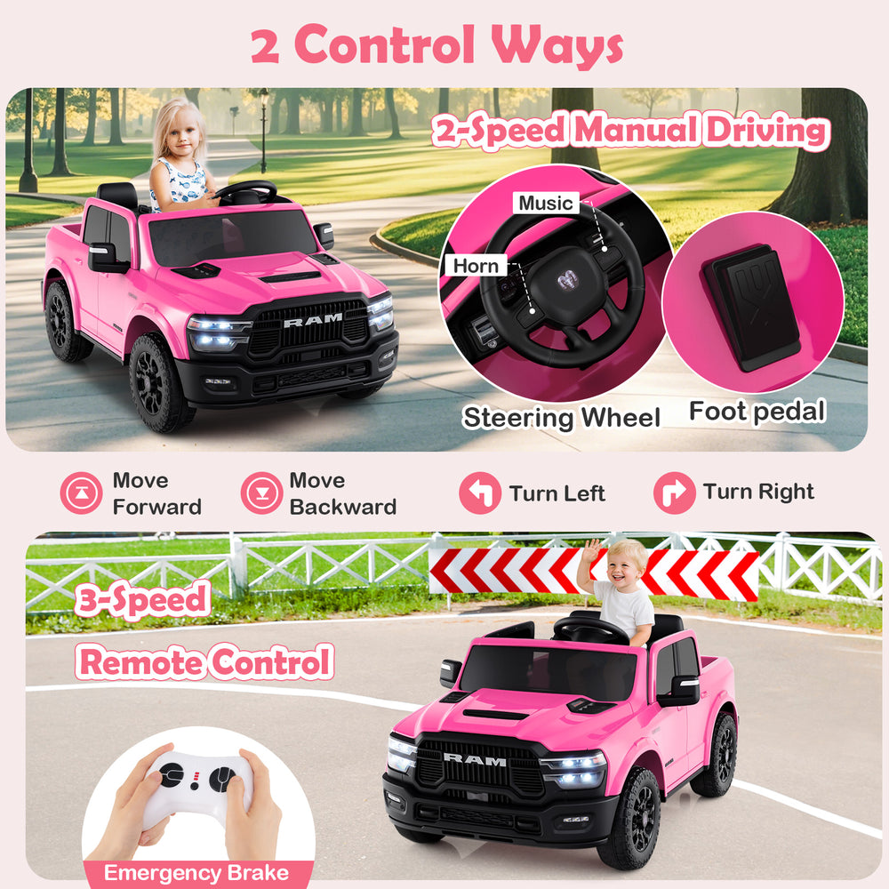Pink 2-seater licensed Ram truck with steering wheel, foot pedal, and remote control for kids' outdoor fun.