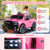 Pink 2-seater licensed Ram truck ride-on toy with LED lights, remote control, and built-in music for kids'.