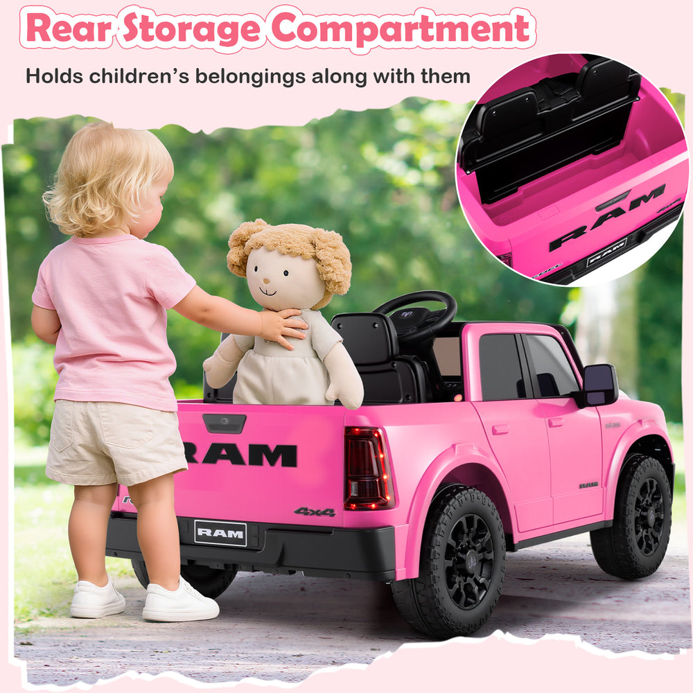 Rear storage compartment of the pink 2-seater Ram truck ride-on toy, perfect for holding children's belongings.
