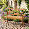 Acacia wood 2-seater loveseat bench with backrest and armrests, featuring a charming sunshine pattern, ideal for patio.