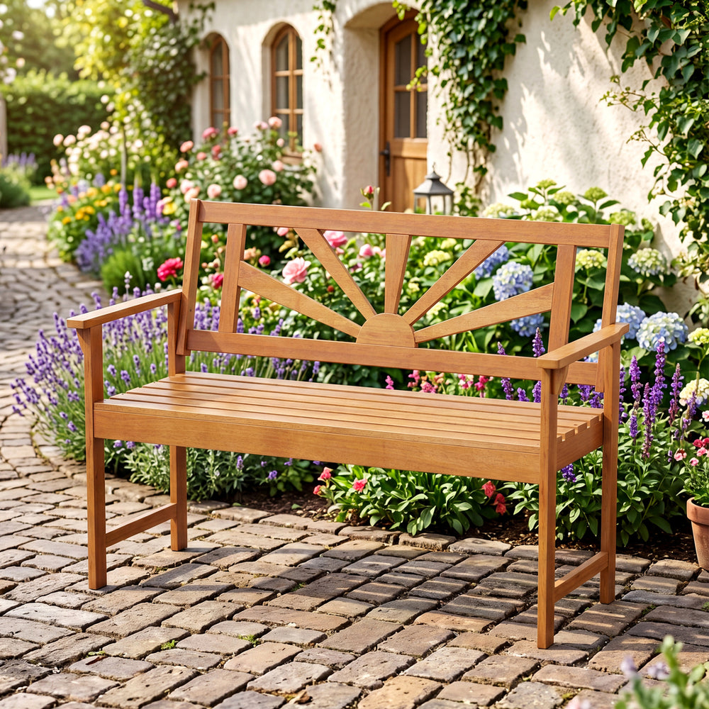 Acacia wood 2-seater loveseat bench with backrest and armrests, featuring a charming sunshine pattern, ideal for patio.