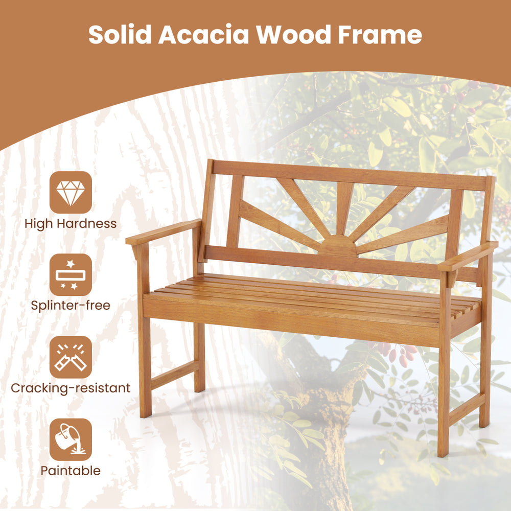 Solid acacia wood loveseat bench featuring slatted panels for airflow, perfect for enhancing comfort in outdoor spaces.