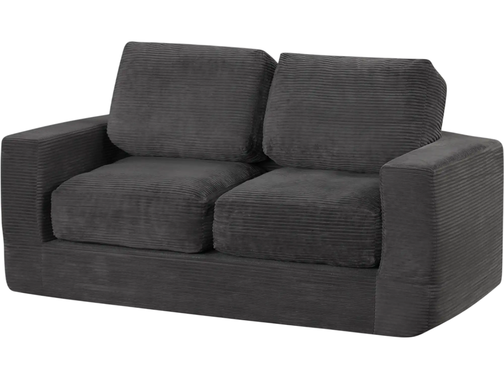 Side view of a black 2-seater floor couch loveseat, featuring cozy corduroy cover and supportive foam for relaxed.
