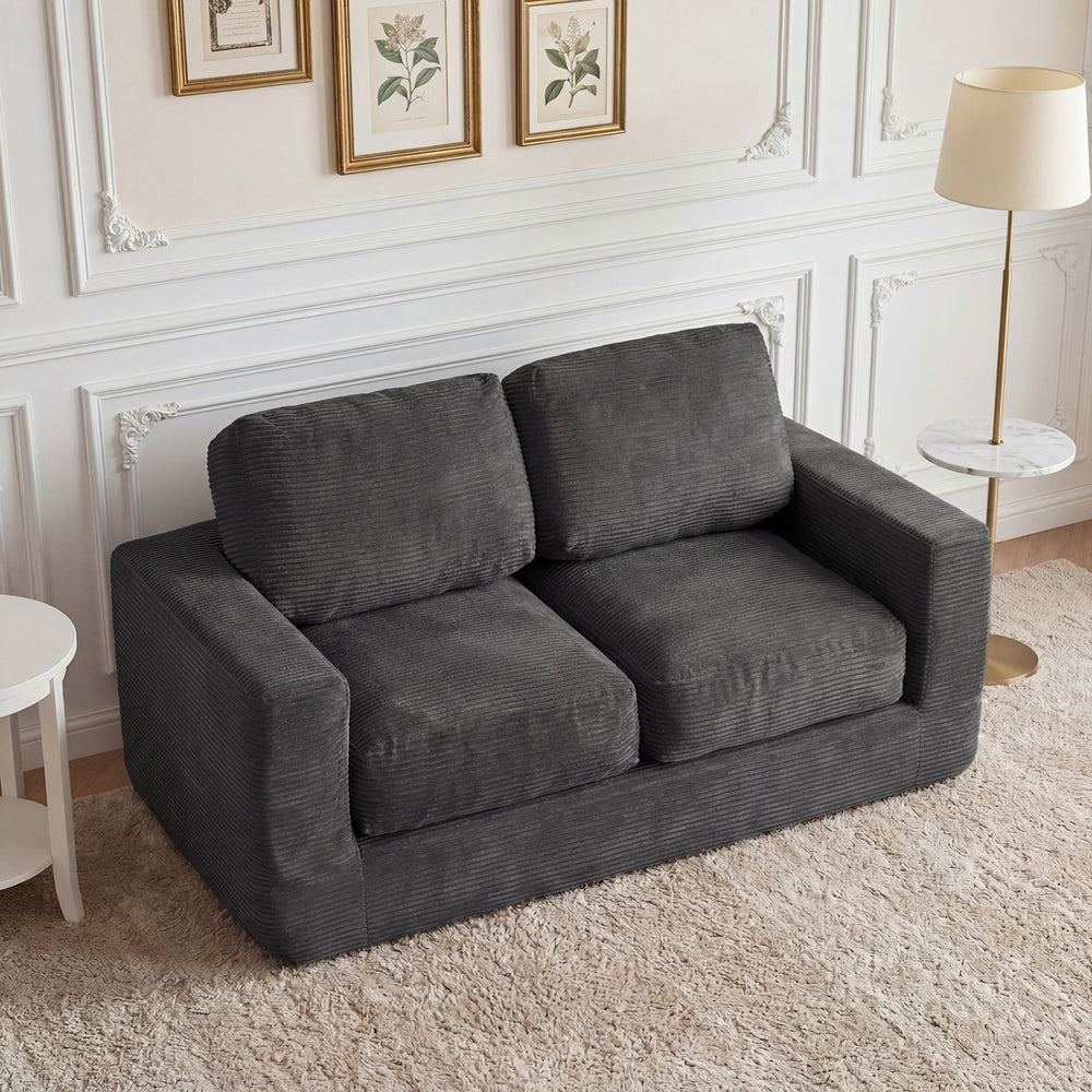 2-Seater Floor Couch Loveseat Foam Sofa with Removable Corduroy Cover-Black - Gallery View 1 of 10