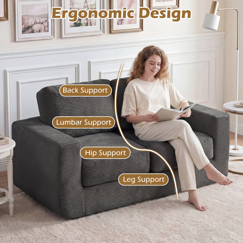 2-seater floor couch loveseat in black with ergonomic design, featuring back, lumbar, and hip support for comfortable.