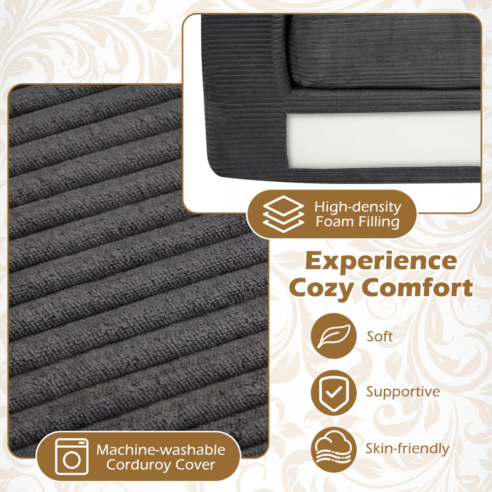 Close-up of the black corduroy cover of a 2-seater floor couch loveseat, featuring high-density foam filling for cozy.