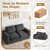 2-seater floor couch loveseat in black with removable corduroy cover, showing restoration steps for shape recovery.