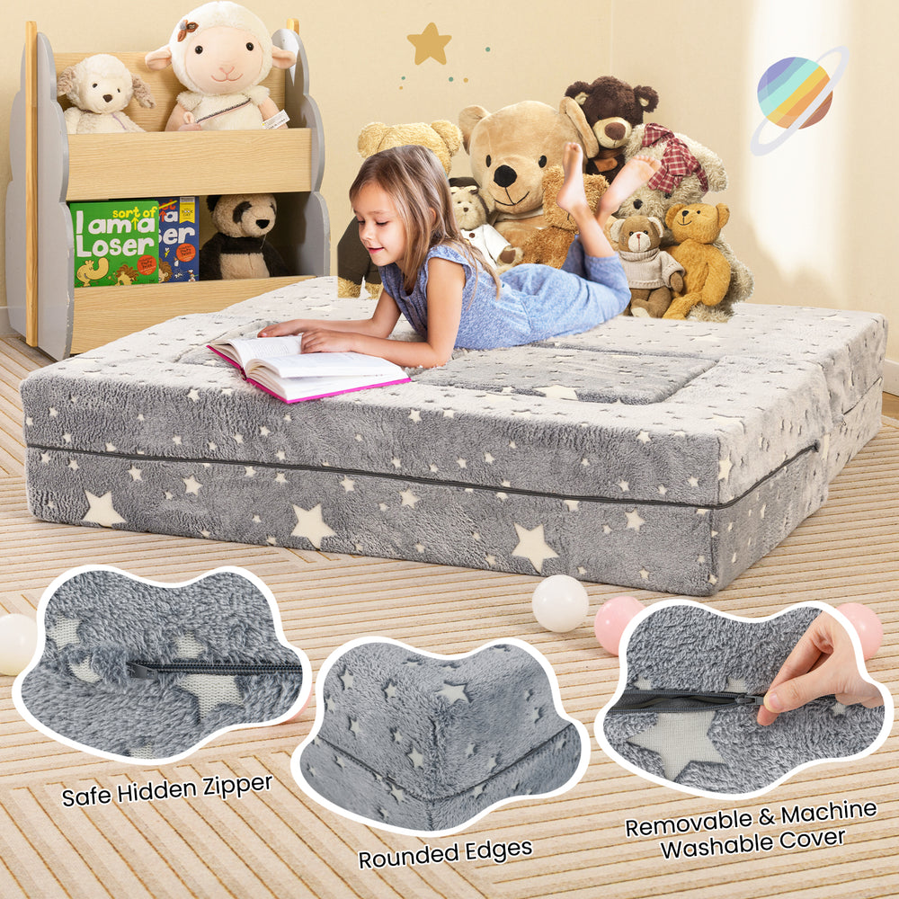 Kids play couch in gray with removable flannel cover, rounded edges, and safe hidden zipper for imaginative play.
