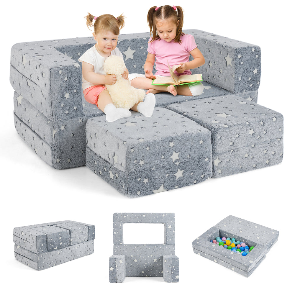 Kids play couch in gray with removable flannel cover, ideal for imaginative play and cozy lounging.