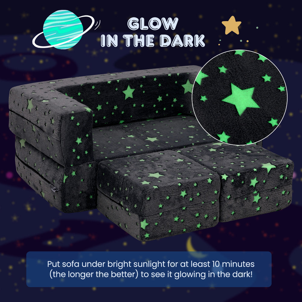 Gray 2 seater kids play couch with glow in the dark stars, featuring removable flannel cover for easy cleaning.
