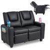Black 2-seater kids recliner sofa chair with adjustable backrest, cup holders, and side pockets for toys and books.