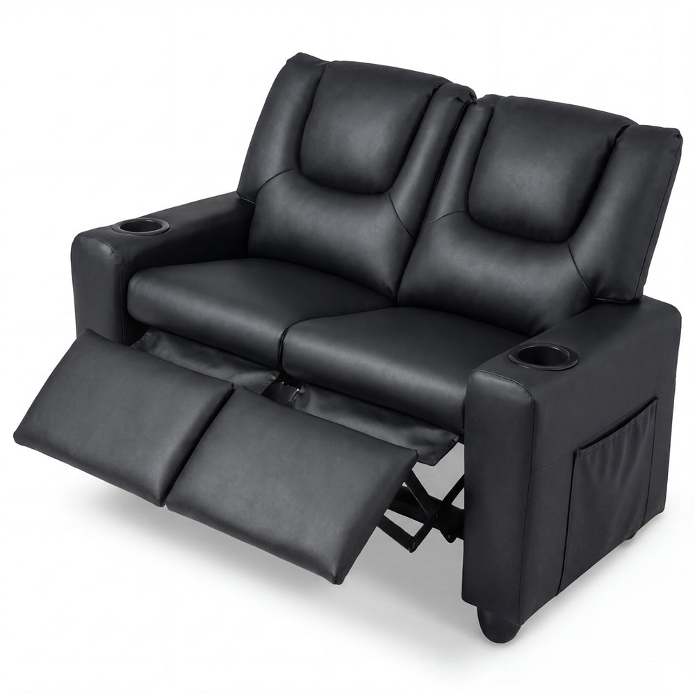 Black 2-seater kids recliner sofa chair featuring a retractable footrest and smooth PU leather for easy cleaning.