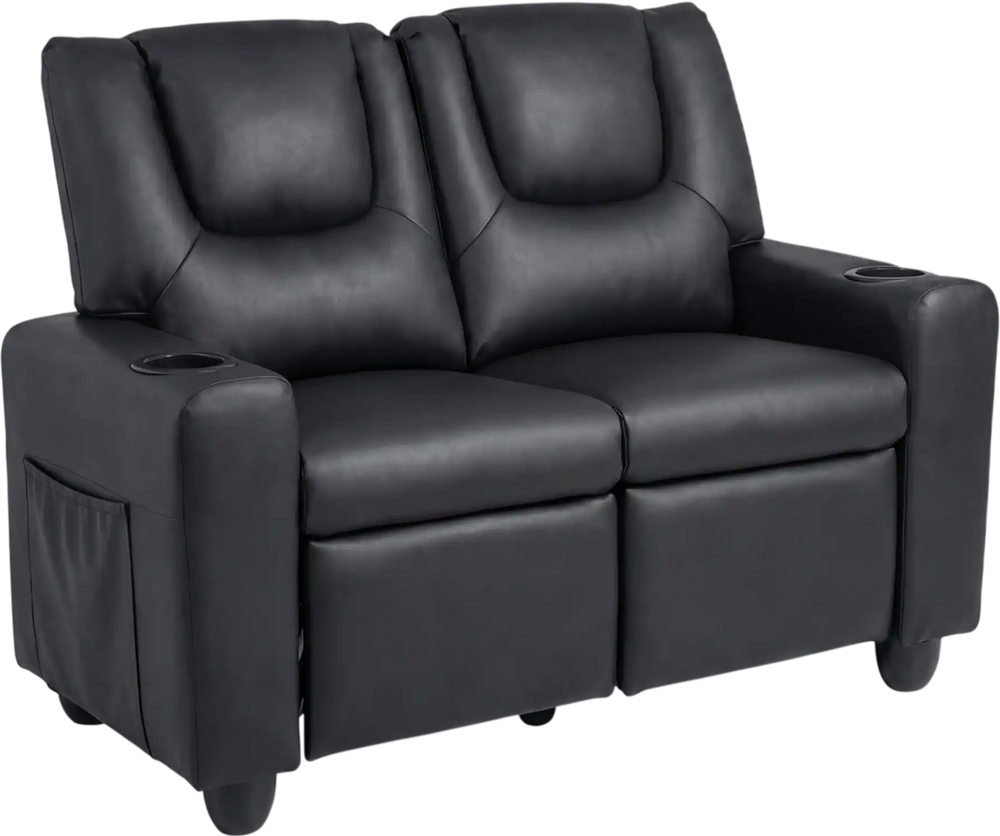 Black 2-seater kids recliner sofa chair showcasing side pockets for convenient storage of toys and books during.