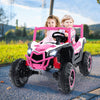 Two kids enjoying a pink 2-seater UTV with remote control, featuring safety belts and bright headlights for outdoor fun.