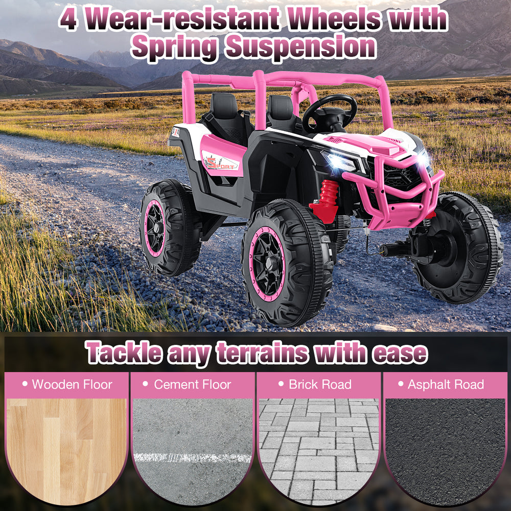 2-seater pink kids UTV with wear-resistant wheels and spring suspension, ideal for various terrains and outdoor fun.