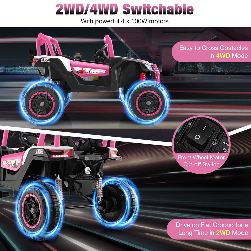 2-seater pink kids UTV with 2.4G remote control, featuring bright headlights and 4 wear-resistant wheels for smooth.