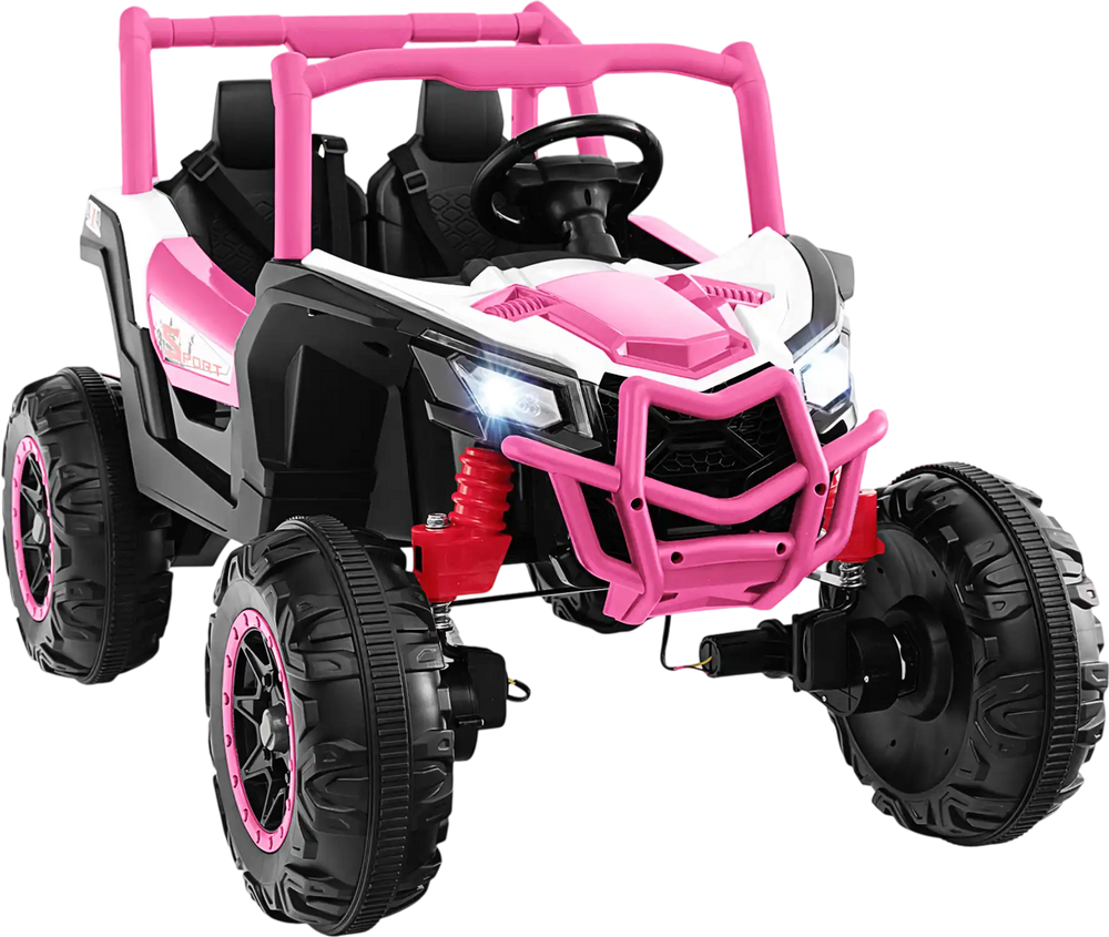 Pink 2-seater kids ride-on UTV with remote control, safety belts, headlights, and durable wheels for outdoor fun.